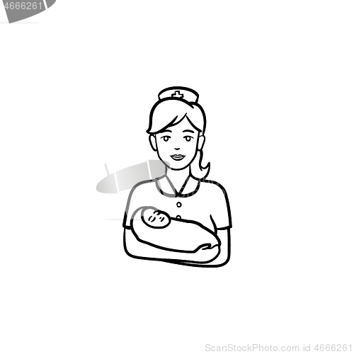 Image of A midwife with a newborn child hand drawn outline doodle icon.