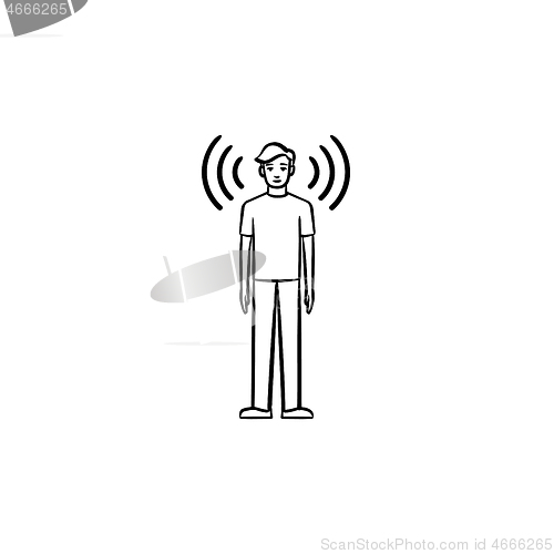 Image of A man with soundwaves around hand drawn outline doodle icon.