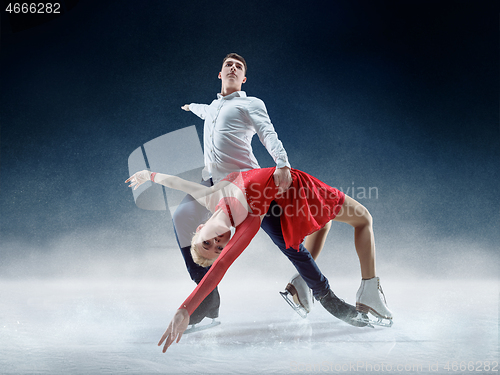 Image of Professional man and woman figure skaters performing on ice show