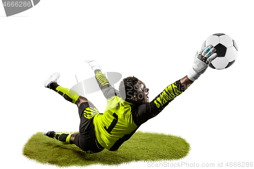 Image of One soccer player goalkeeper man catching ball