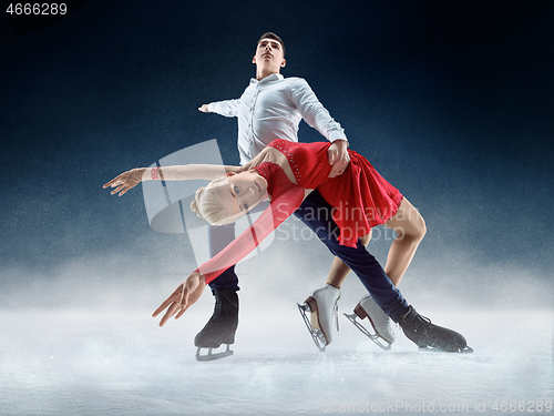 Image of Professional man and woman figure skaters performing on ice show