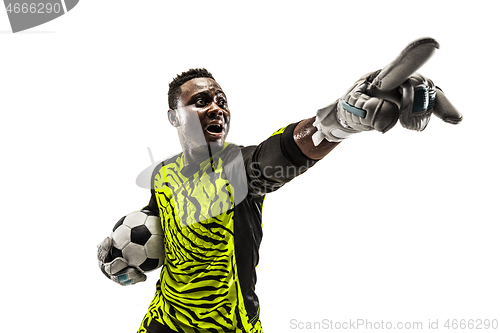 Image of One soccer player goalkeeper isolated on white background