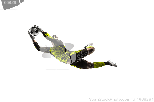 Image of One soccer player goalkeeper man catching ball