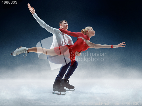 Image of Professional man and woman figure skaters performing on ice show