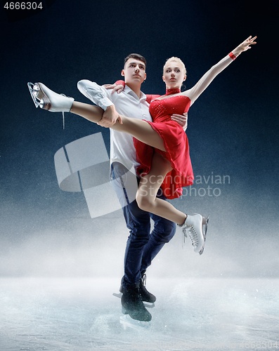 Image of Professional man and woman figure skaters performing on ice show