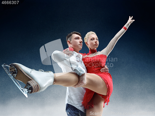 Image of Professional man and woman figure skaters performing on ice show