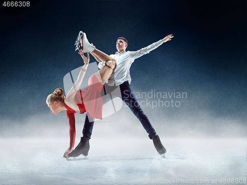 Image of Professional man and woman figure skaters performing on ice show