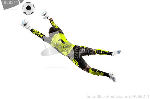 Image of One soccer player goalkeeper man catching ball