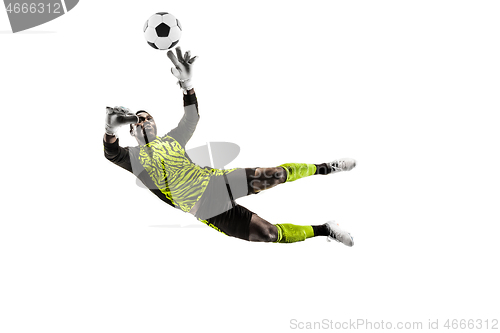 Image of One soccer player goalkeeper man catching ball