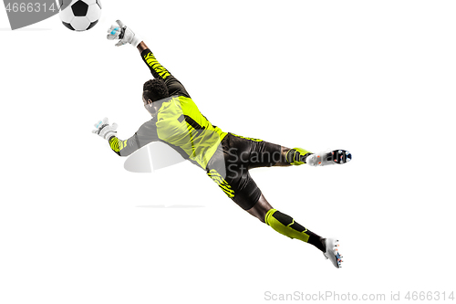 Image of One soccer player goalkeeper man catching ball