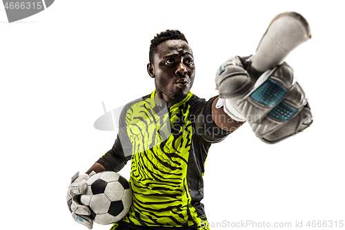 Image of One soccer player goalkeeper isolated on white background