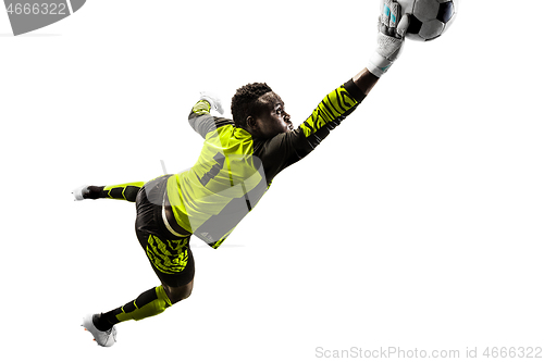 Image of One soccer player goalkeeper man catching ball