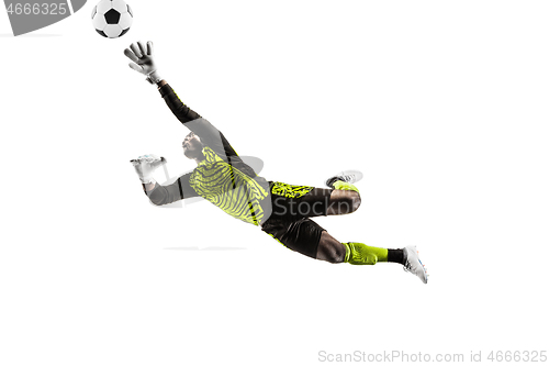 Image of One soccer player goalkeeper man catching ball