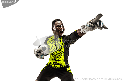 Image of One soccer player goalkeeper isolated on white background