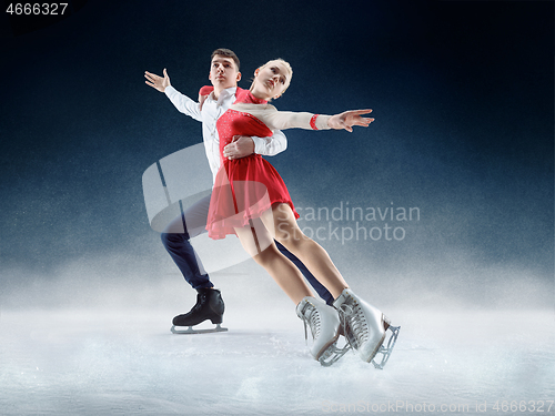 Image of Professional man and woman figure skaters performing on ice show