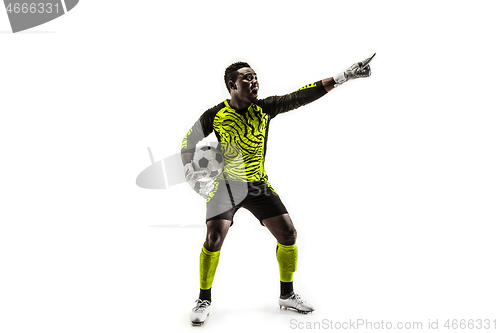 Image of One soccer player goalkeeper isolated on white background