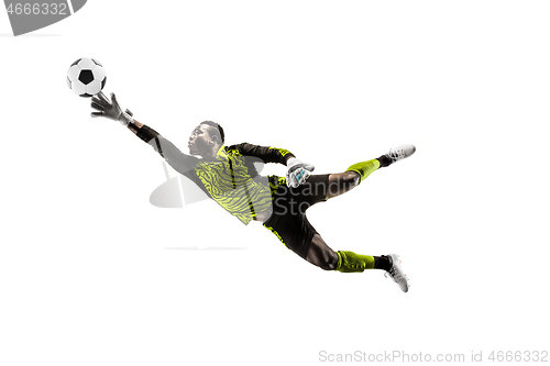 Image of One soccer player goalkeeper man catching ball