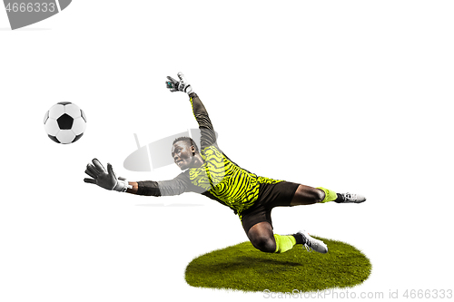 Image of One soccer player goalkeeper man catching ball