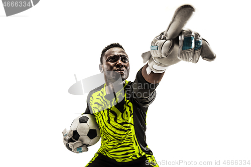 Image of One soccer player goalkeeper isolated on white background