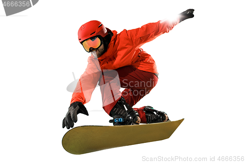 Image of Portrait of young man in sportswear with snowboard isolated on a white background.