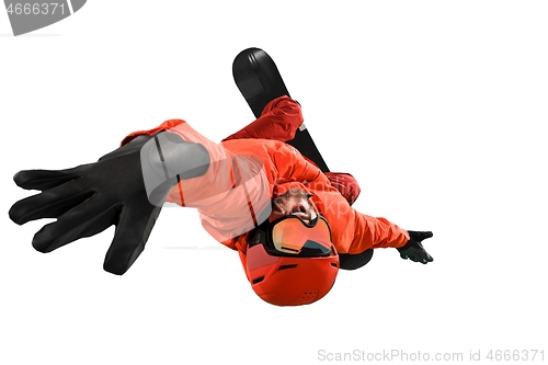 Image of Portrait of young man in sportswear with snowboard isolated on a white background.