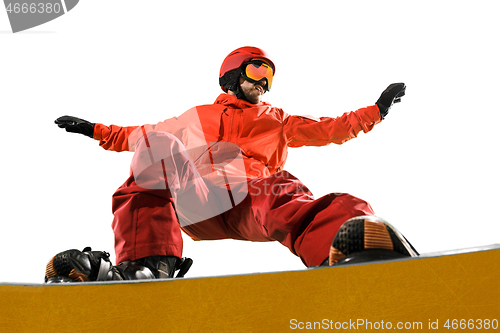 Image of Portrait of young man in sportswear with snowboard isolated on a white background.