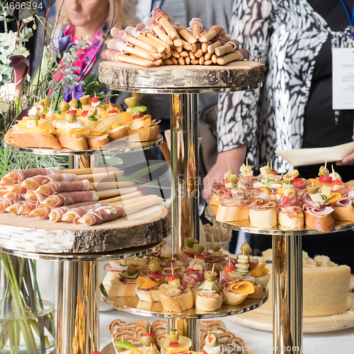 Image of Businesspeople at banquet lunch break at business conference meeting. Assortment of canapes and finger food on the table.