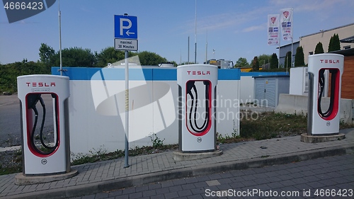 Image of BAD RAPPENAU, GERMANY- JULY 21, 2020: Close up of of Tesla Superchargerer.