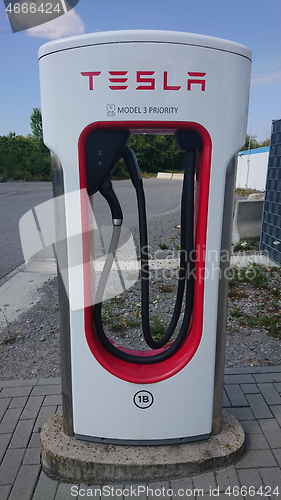 Image of BAD RAPPENAU, GERMANY- JULY 21, 2020: Close up of of Tesla Superchargerer.