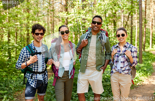 Image of friends with backpacks on hike in forest