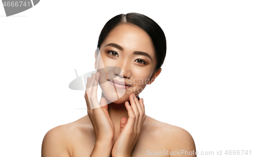 Image of Portrait of beautiful asian woman isolated on white studio background. Beauty, fashion, skincare, cosmetics concept.