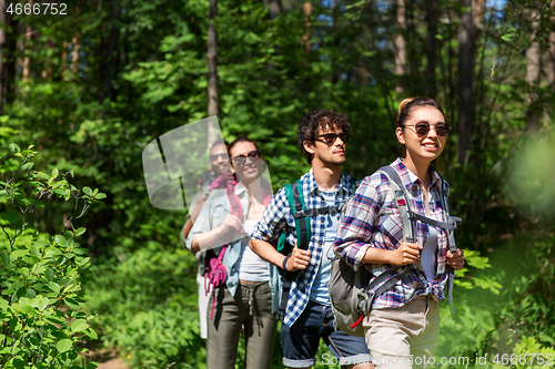 Image of group of friends with backpacks hiking in forest