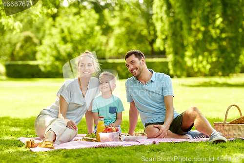 Image of happy family having picnic at summer park