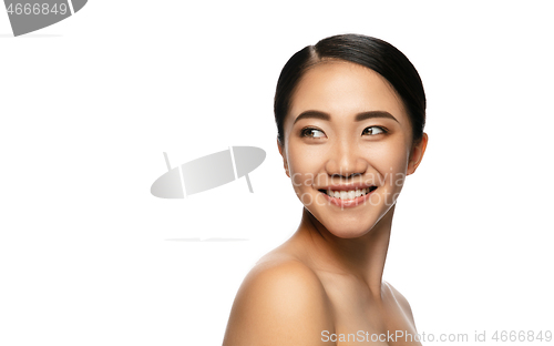 Image of Portrait of beautiful asian woman isolated on white studio background. Beauty, fashion, skincare, cosmetics concept.