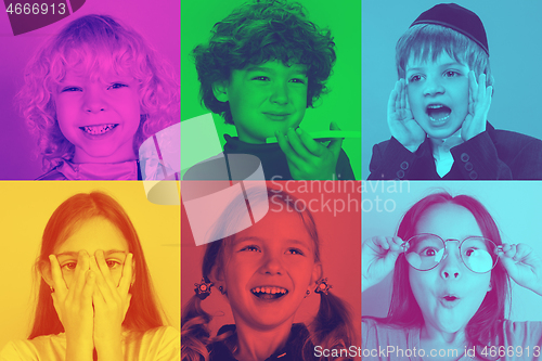 Image of Collage of little boys and girls with bright facial expression on multicolored background. Trendy duotone effect.