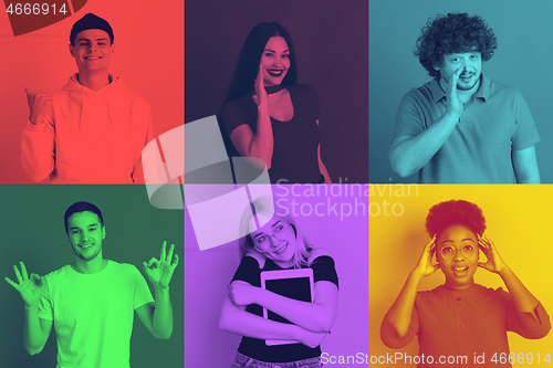 Image of Collage of young people with bright facial expression on multicolored background. Trendy duotone effect