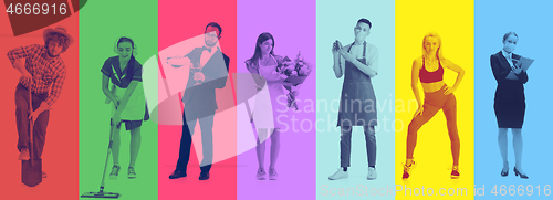 Image of Collage of men and women with different occupation on multicolored background. Trendy duotone effect.