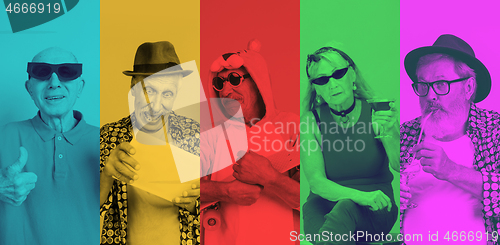 Image of Collage of stylish senior men and women with bright facial expression on multicolored background. Trendy duotone effect.