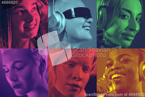 Image of Collage of young people with bright facial expression on multicolored background. Trendy duotone effect