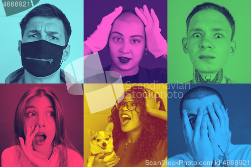 Image of Collage of young people with bright facial expression on multicolored background. Trendy duotone effect