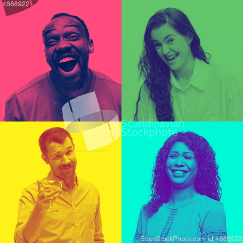 Image of Collage of young people with bright facial expression on multicolored background. Trendy duotone effect. Popular meme