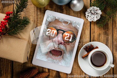 Image of Greeting flyer for ad. Concept of Christmas, 2021 New Year\'s, winter mood, holidays. Copyspace, postcard.