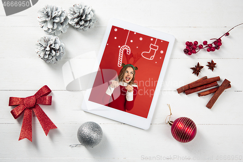 Image of Greeting flyer for ad. Concept of Christmas, 2021 New Year\'s, winter mood, holidays. Copyspace, postcard.