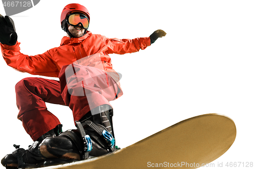 Image of Portrait of young man in sportswear with snowboard isolated on a white background.