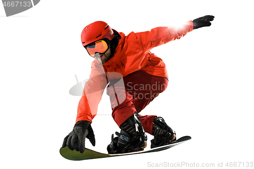 Image of Portrait of young man in sportswear with snowboard isolated on a white background.