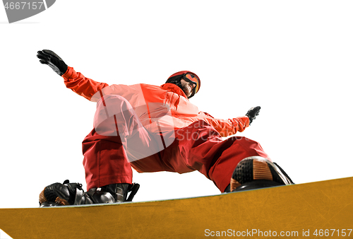 Image of Portrait of young man in sportswear with snowboard isolated on a white background.