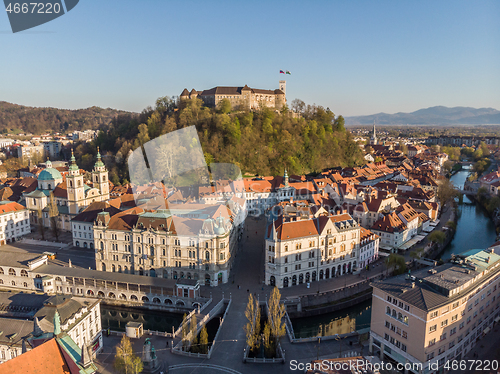 Image of Aerial drone panoramic view of Ljubljana, capital of Slovenia in warm afternoon sun