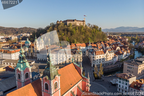 Image of Aerial drone panoramic view of Ljubljana, capital of Slovenia in warm afternoon sun