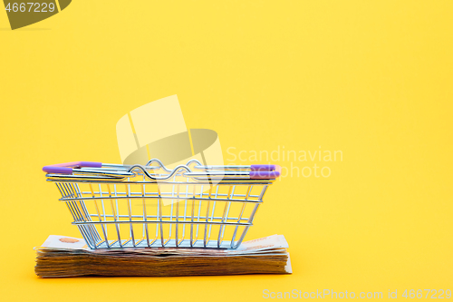 Image of On the bundle of notes lies an empty grocery basket
