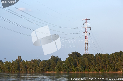 Image of Electric lines over river